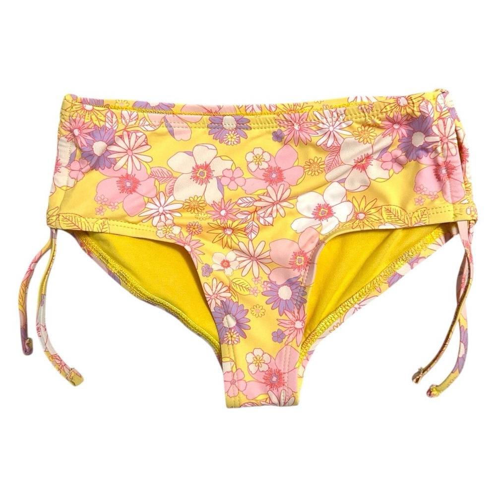 Miken Swim Yellow Floral High Waisted Bikini Bottoms Side‎ Ties Girl's 10 Beach